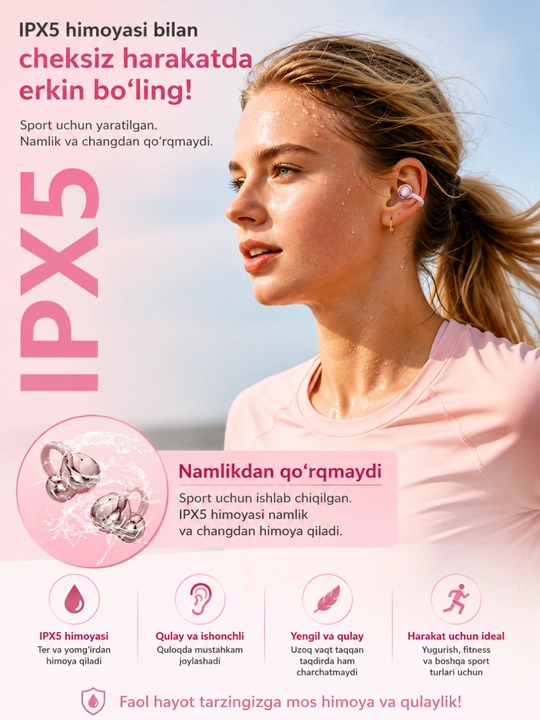 Simsiz quloqchinlar, Bluetooth, IPX5 namlikdan himoyalangan, 30 soat ishlaydi