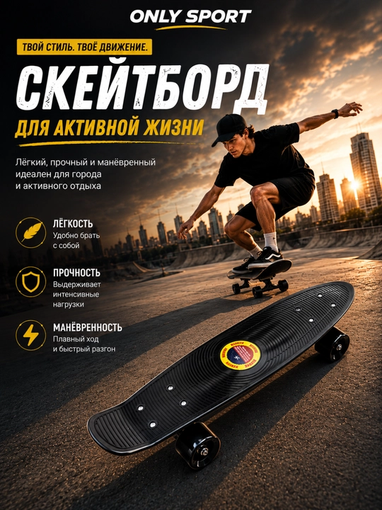 Скейтборд, пенни борд, пластиковый скейтборд, скейт для города, с полиуретановыми колесами - 