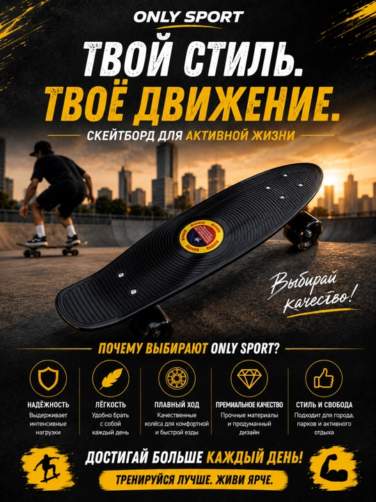 Скейтборд, пенни борд, пластиковый скейтборд, скейт для города, с полиуретановыми колесами