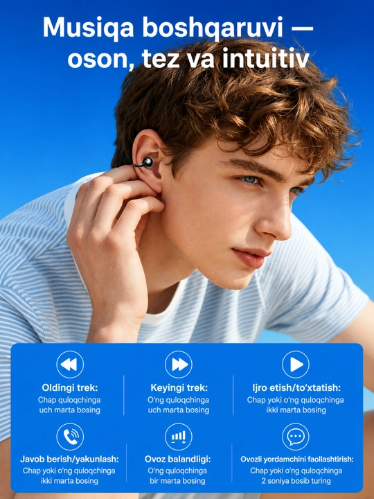 Simsiz quloqchinlar, Bluetooth, IPX5 namlikdan himoyalangan, 30 soat ishlaydi