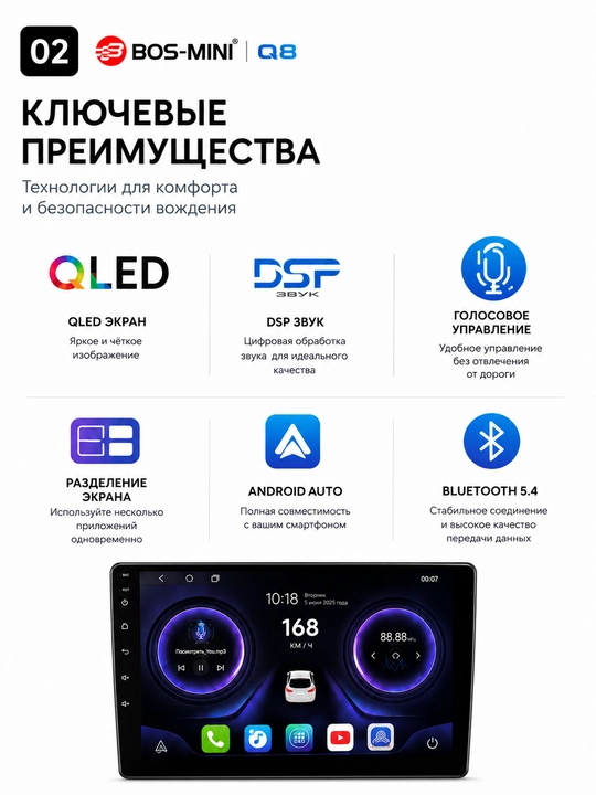 Автомагнитола BOS-MINI Q8 Android 13 QLED 6/64 ГБ с CarPlay