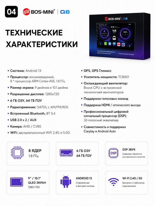 Автомагнитола BOS-MINI Q8 Android 13 QLED 6/64 ГБ с CarPlay