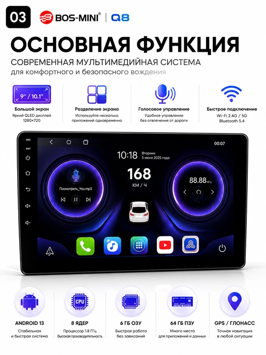 Автомагнитола BOS-MINI Q8 Android 13 QLED 6/64 ГБ с CarPlay