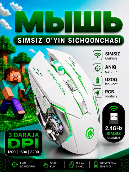 Беспроводная мышь для ПК и ноутбука, Bluetooth 5.1, 2.4G, RGB, Type-C, 3200 DPI, АКБ - 