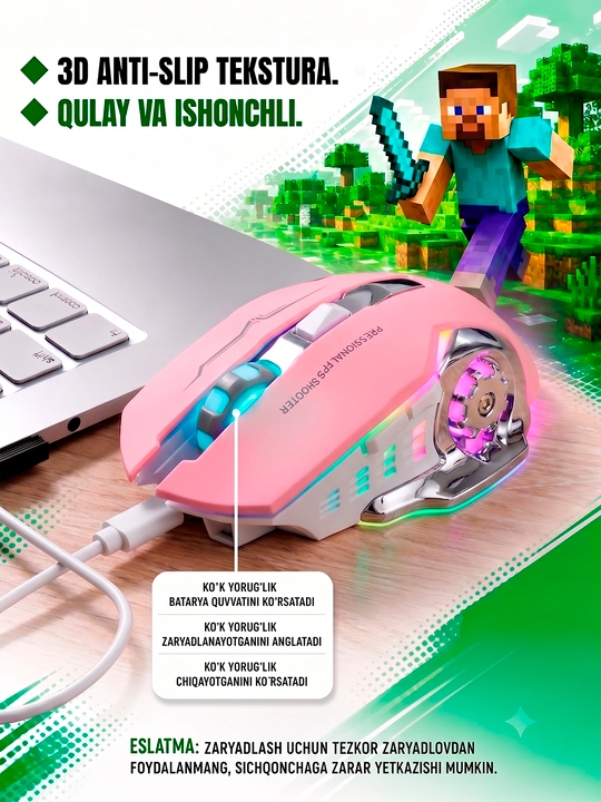O‘yin sichqonchasi, simsiz, kompyuter va noutbuk uchun, 2.4 3200 DPI
