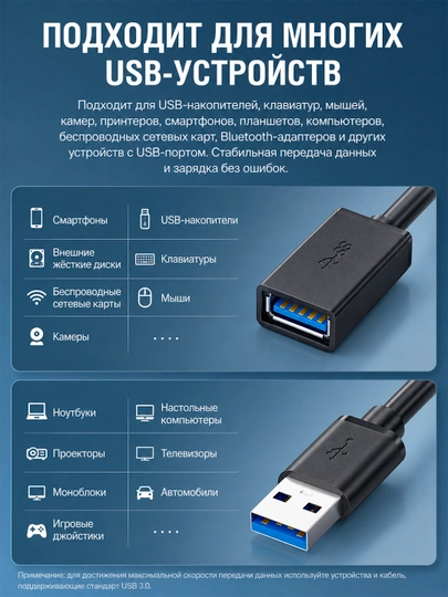 Удлинительный кабель для USB 3.0, флешки, клавиатуры, мыши и принтера