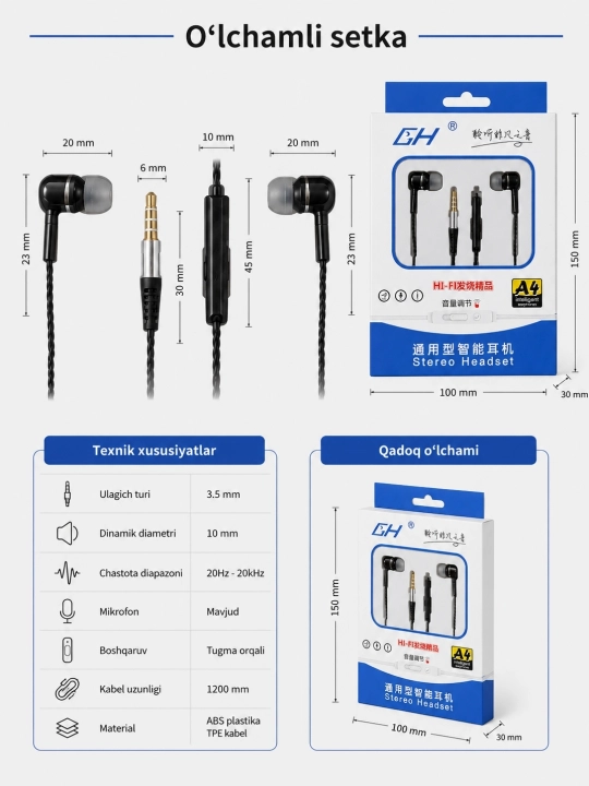 Simli quloqchinlari GH A7, A8 mikrofonli, Samsung, Xiaomi, Redmi uchun