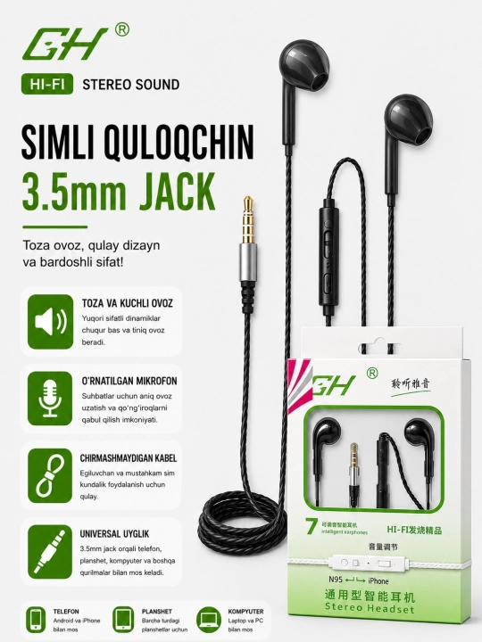 Simli quloqchinlari GH A7, A8 mikrofonli, Samsung, Xiaomi, Redmi uchun - 