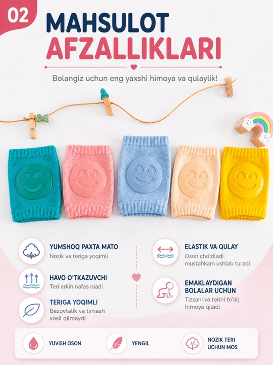 Bolalar uchun yumshoq himoya (tizza paypog'i) – emaklash va ilk qadamlar uchun, 3 xil rang
