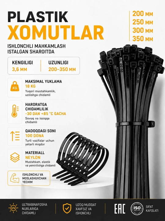 Neylon shtapslar-kabel bog'ichi, 100 dona, uzunligi 200, 250, 300, 350 mm