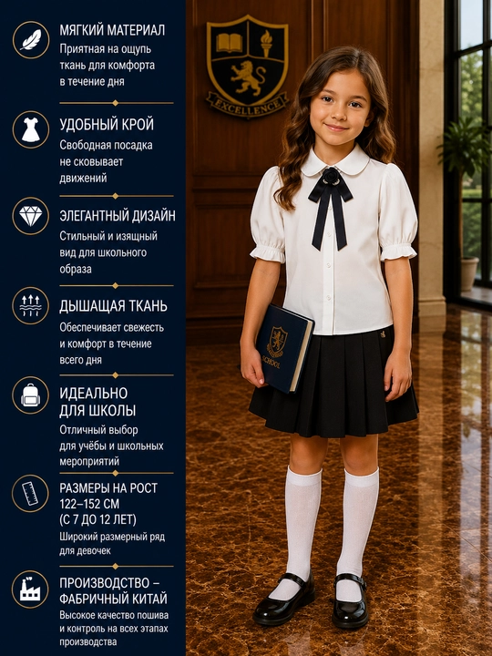 Школьная блузка для девочек с рукавом 3/4