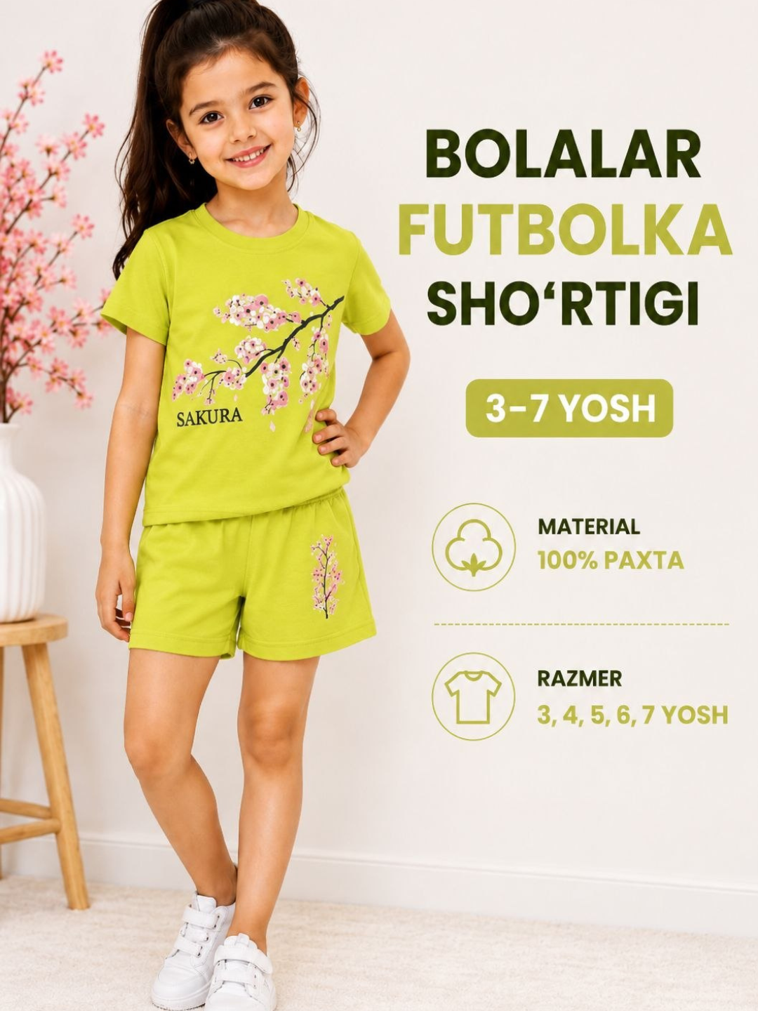 Bolalar kamplekti, Qiz bolalar uchun futbolka-shortilar, razmer 3-4-5-6-7 yosh