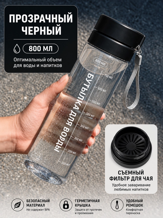 Пластиковая прозрачная бутылка для воды 800 мл с фильтром для чая и ремешком - 