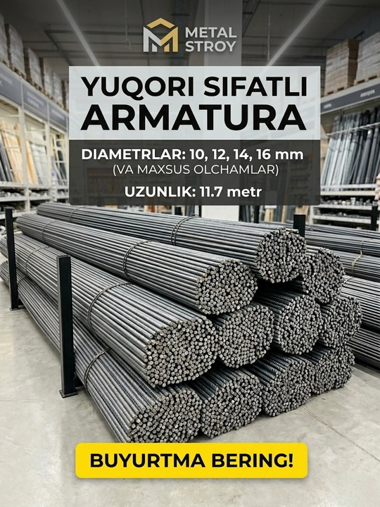 Yuqori sifatli qurilish armaturasi (Diametrlar: 10,12, 14, 16 mm), mustahkam metall prokat - 