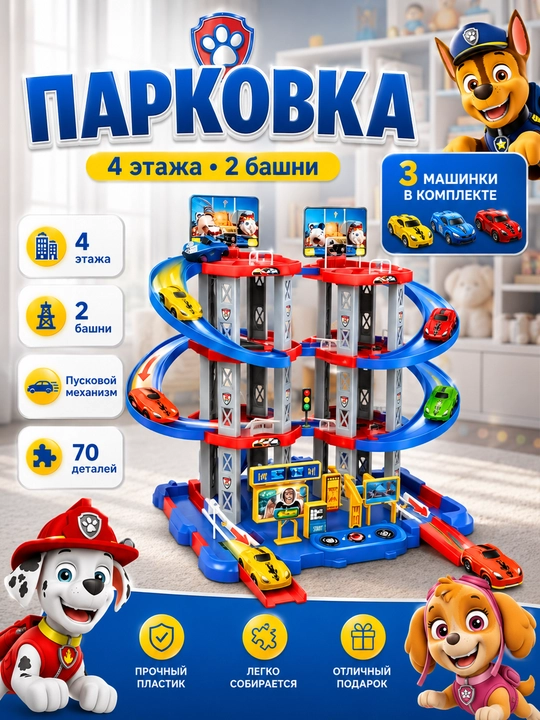 Парковка для машинок, гараж, автотрек, рек Щенячий Патруль с машинками, лифтом и спусками