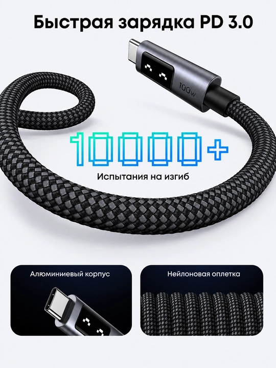 Ugreen UNO L509 100W (5A) Type-C/Type-C quvvatlash kabeli, robot ko‘zchali, qora