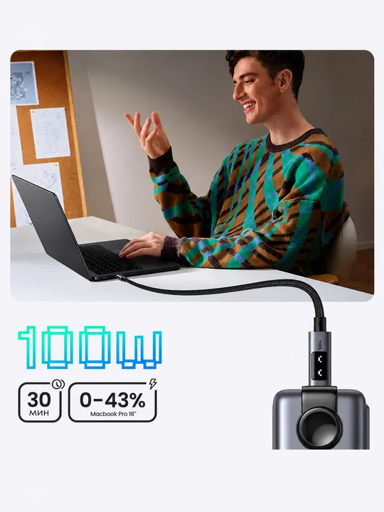 Ugreen UNO L509 100W (5A) Type-C/Type-C quvvatlash kabeli, robot ko‘zchali, qora