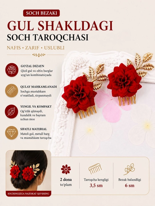Gul shaklidagi soch taroqchasi - 