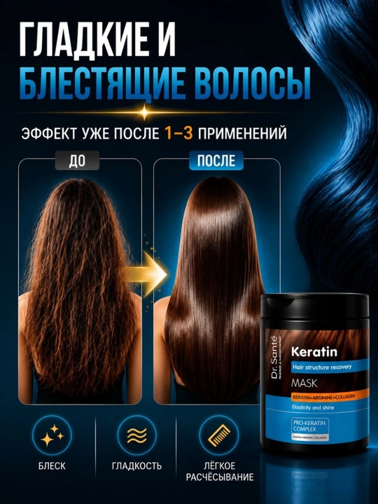 Keratin маска для тусклых и ломких волос Dr.Sante, кератин + коллаген + арганин
