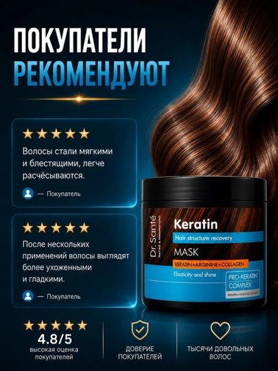 Keratin маска для тусклых и ломких волос Dr.Sante, кератин + коллаген + арганин