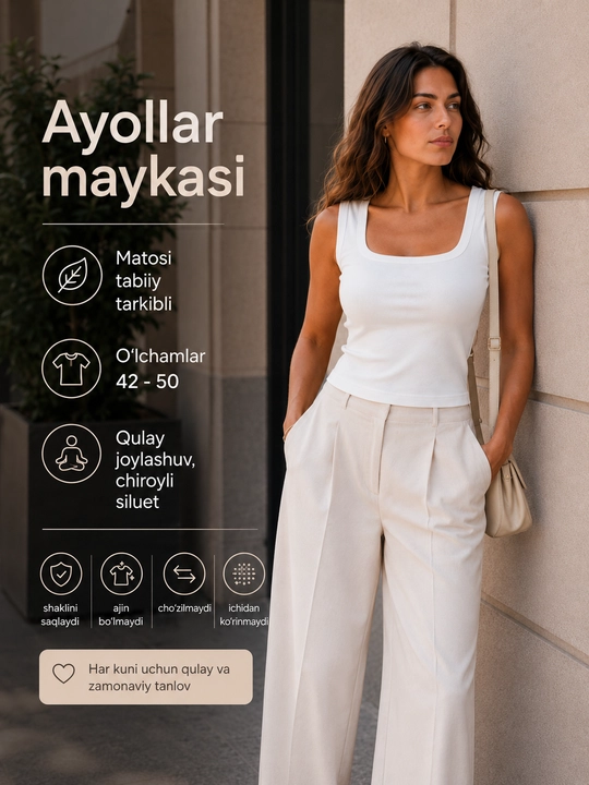Ayollar top mayka/topiklar maykasi, qovurg'ali, tortburchak shaklda, ikki tomonlama - 