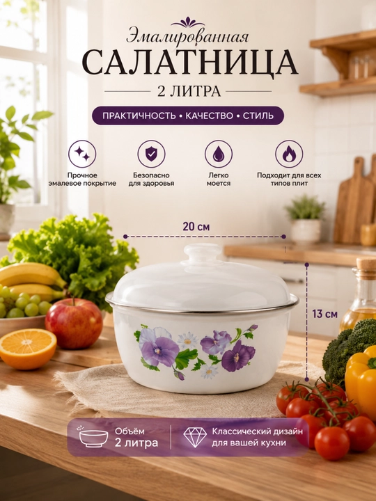 Салатница с крышкой Эмалированная 2 л - 