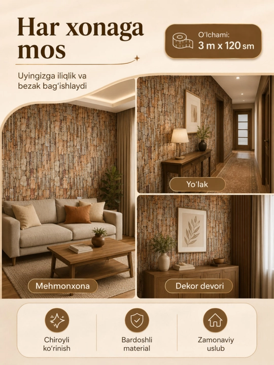 3D oboy, o‘zi yopishadigan gulqog‘ozlar, 3D, o‘zi yopishadigan, dekorativ, 120sm x 3 m