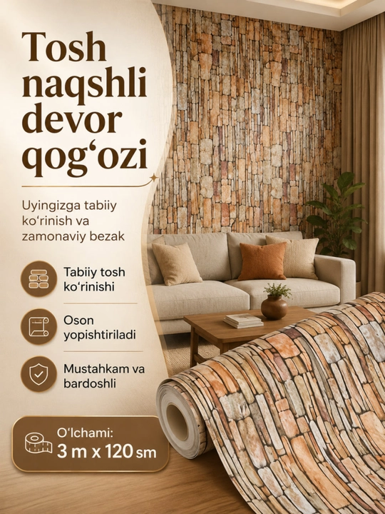 3D oboy, o‘zi yopishadigan gulqog‘ozlar, 3D, o‘zi yopishadigan, dekorativ, 120sm x 3 m - 