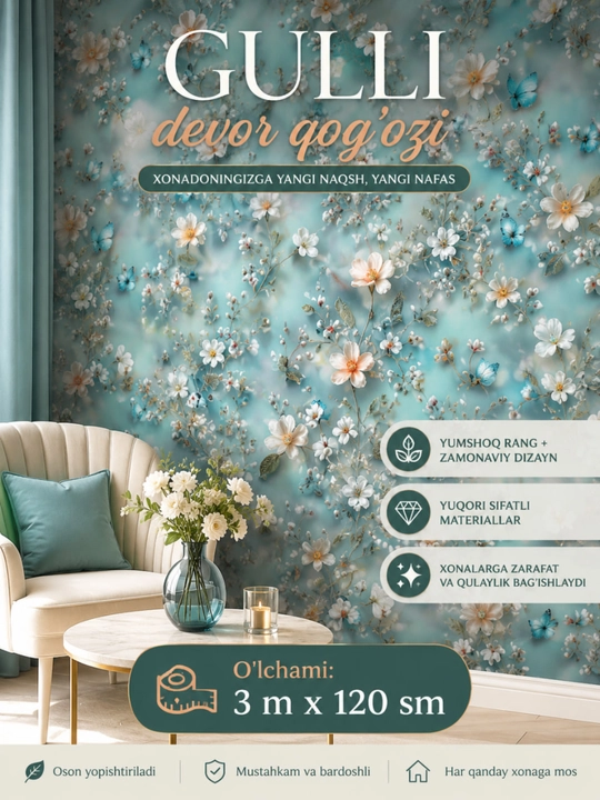 3D oboy, o‘zi yopishadigan gulqog‘ozlar, 3D, o‘zi yopishadigan, dekorativ, 120sm x 3 m - 