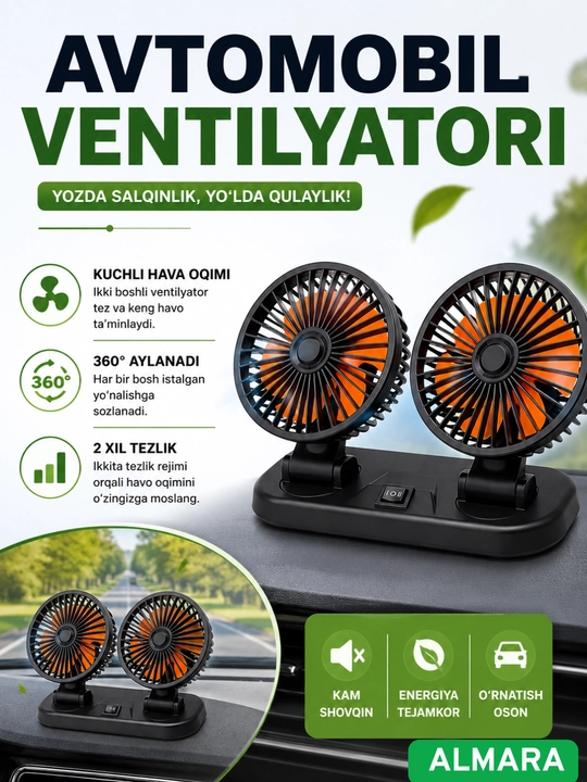 Ventilyator avtomobil ikki boshli vintilator tutatgich portativ avtomobil ventilyatori 12v
