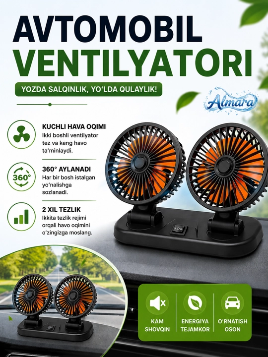 Ventilyator avtomobil ikki boshli vintilator tutatgich portativ avtomobil ventilyatori 12v - 