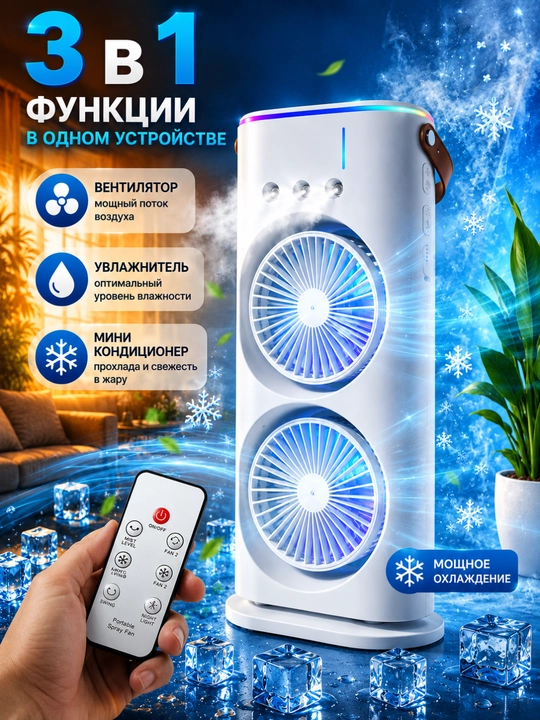 Portativ mini konditsioner 3 in 1, ikki boshli ventilyator, namlagich, 3600 mA/soat, USB - 