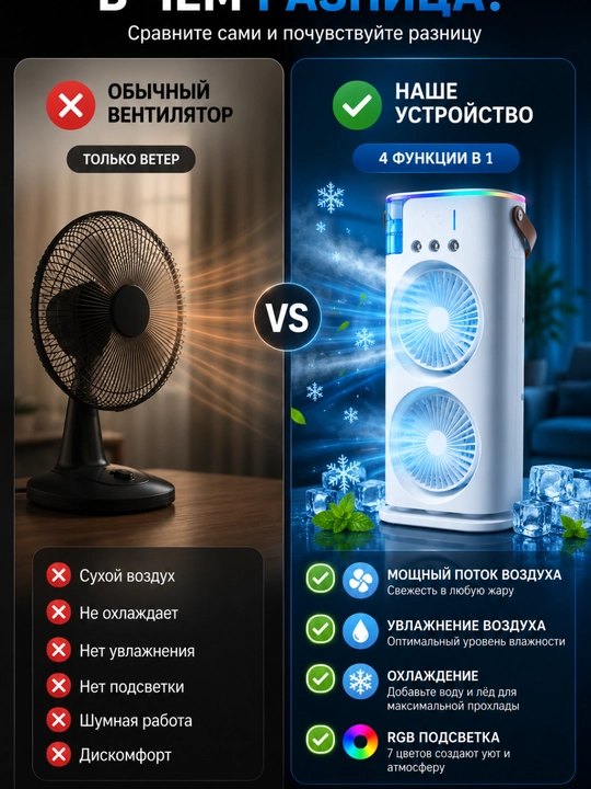 Portativ mini konditsioner 3 in 1, ikki boshli ventilyator, namlagich, 3600 mA/soat, USB