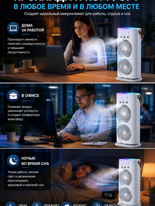 Portativ mini konditsioner 3 in 1, ikki boshli ventilyator, namlagich, 3600 mA/soat, USB
