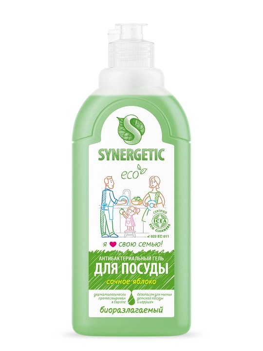 Гель для мытья посуды и детских игрушек SYNERGETIC "Сочное яблоко", 0,5 л