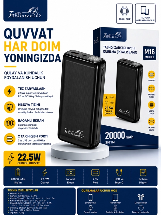 Power Bank M16 20000mAh, быстрая зарядка 22.5W, цифровой дисплей, Type-C