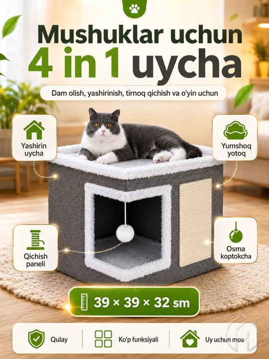 Домик для кошек 39x39x32 см, с когтеточкой и подвесной игрушкой db-140-71 - 