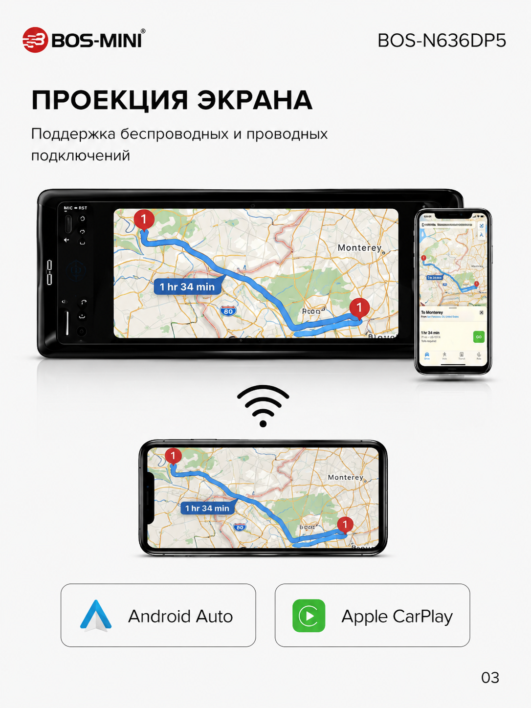 Автомагнитола BOS-MINI BOS-N636DP5 6.28" CarPlay Android Auto Bluetooth 5.0