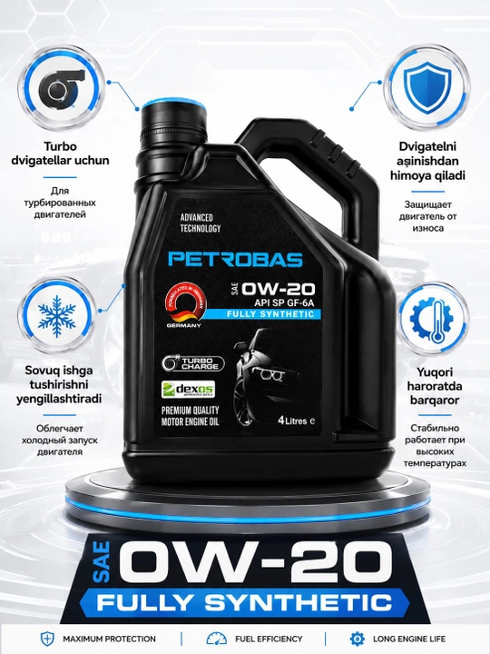 Avtomobil motor moyi PETROBAS 0W-20 Fully Synthetic, ATF Dexron VI 4 L Transmission, turbo