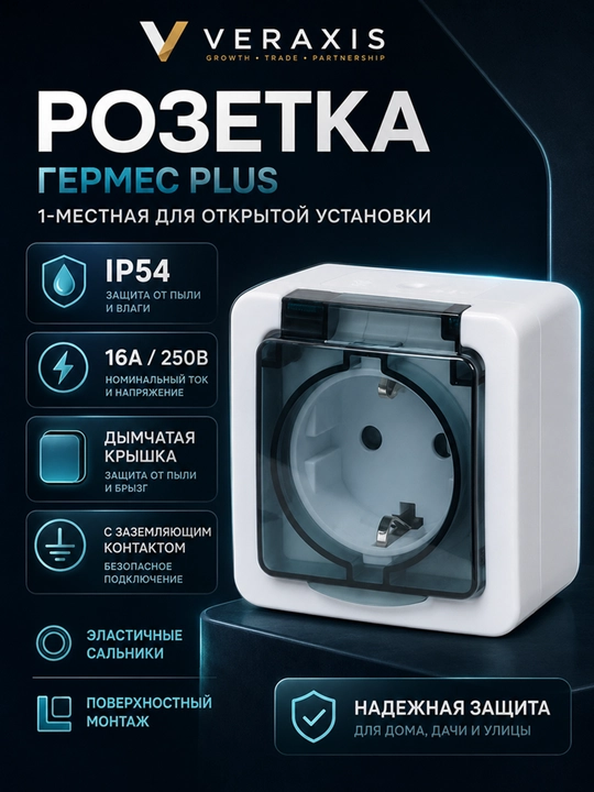 Yerga ulanadigan va 16A 250V Germes Plus oq qopqoqli IP54 tashqi rozetka
