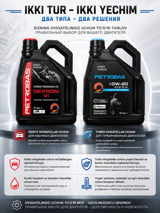 Avtomobil motor moyi PETROBAS 0W-20 Fully Synthetic, ATF Dexron VI 4 L Transmission, turbo