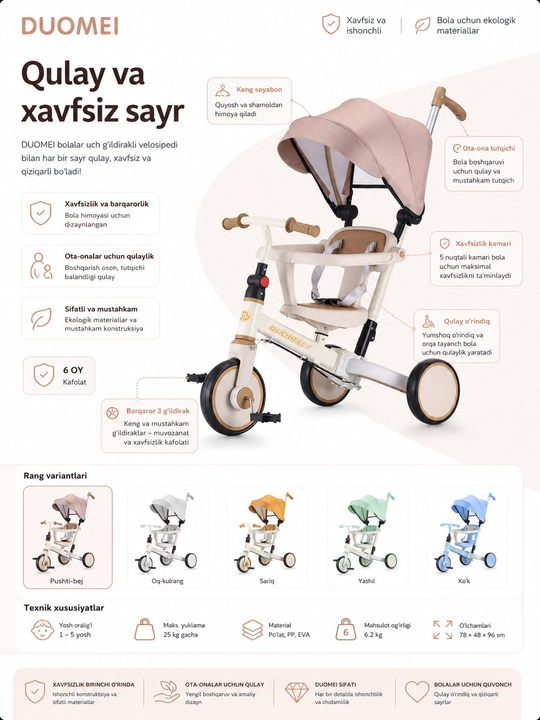 BolaDrive soyabonli va ota-ona tutqichli bolalar uch g‘ildirakli velosipedi