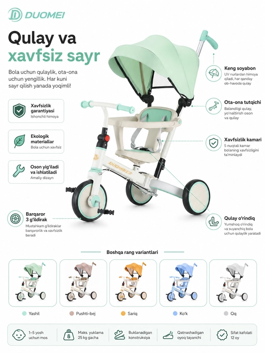BolaDrive soyabonli va ota-ona tutqichli bolalar uch g‘ildirakli velosipedi