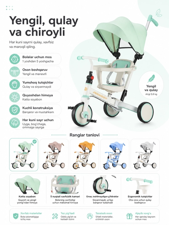 BolaDrive soyabonli va ota-ona tutqichli bolalar uch g‘ildirakli velosipedi