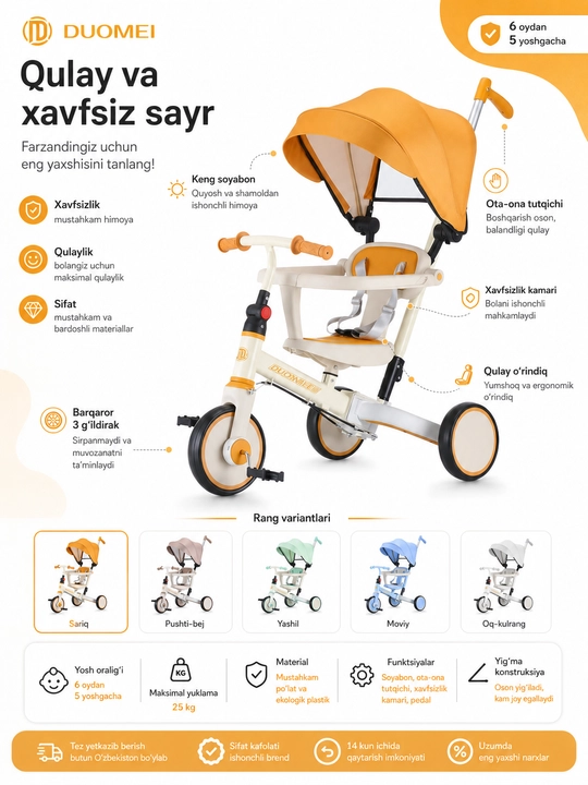 BolaDrive soyabonli va ota-ona tutqichli bolalar uch g‘ildirakli velosipedi