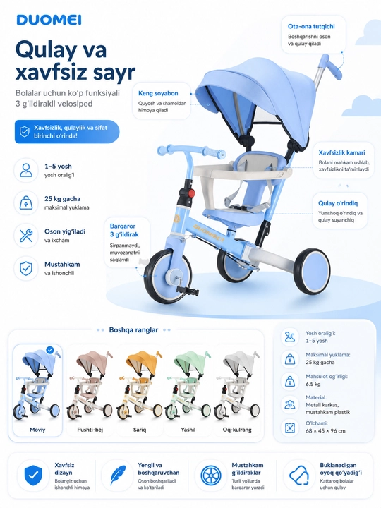 BolaDrive soyabonli va ota-ona tutqichli bolalar uch g‘ildirakli velosipedi