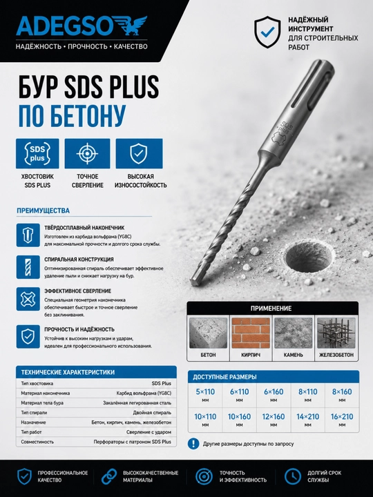 Бур SDS Plus по бетону ADEGSO - 