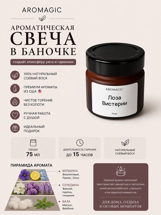 Ароматическая свеча в баночке AROMAGIC "Лоза Вистерии", 100 мл - 