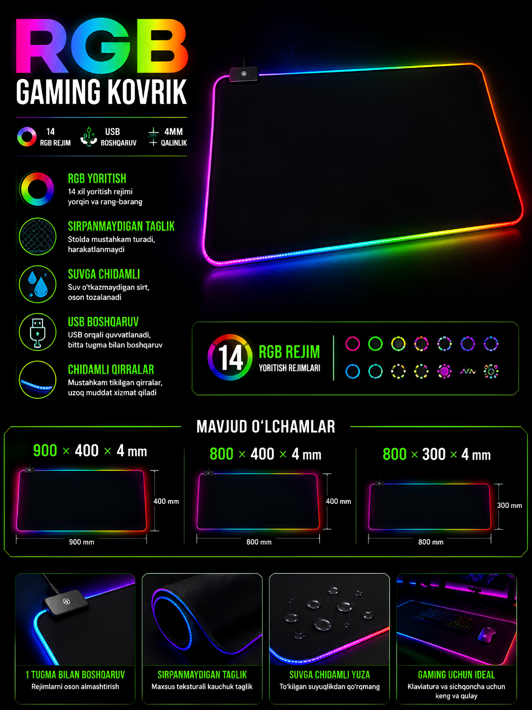 Коврик для мыши с LED-подсветкой, 80 * 40-0.4 см - 