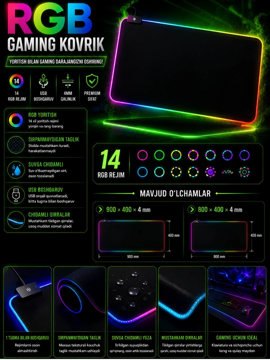 Kovrik, Sichqoncha uchun gilamcha led yoritgichli, 90 * 40-0.4 sm